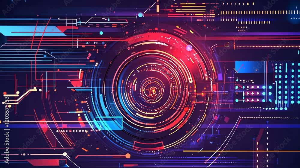Poster VIdeo with a dynamic, futuristic digital masterpiece showcasing a high-tech interface with glowing red, orange, and blue hues that exude energy and motion. 