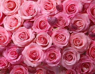 Fototapeta premium Top view of pink rose flowers with shiny glitters. Valentine's day concept. Generated image