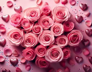 Top view of pink rose flowers with shiny glitters. Valentine's day concept. Generated image
