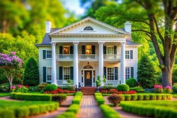 Fototapeta premium Charming Colonial House with White Columns, Lush Garden & Forest Background - Tilt-Shift Photography