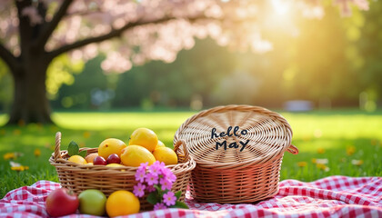 Basket with fruits and flowers on a picnic blanket in spring, 'Hello May' text