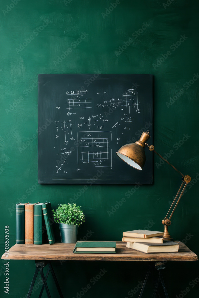 Aufkleber A serene workspace with a chalkboard displaying complex mathematical equations, surrounded by textbooks and a vintage desk lamp,