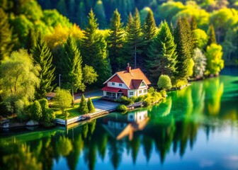 Obraz premium Charming Lakeside Cottage, Miniature Tilt-Shift Photography