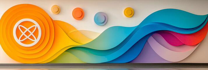 A vibrant classroom mural depicting famous mathematical concepts like infinity symbols, pi, and tessellations in colorful designs,