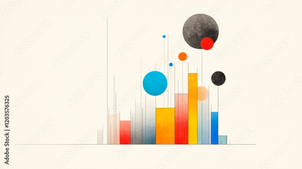 Poster an abstract depiction of statistical data visualization, using colorful bar graphs, pie charts, and 