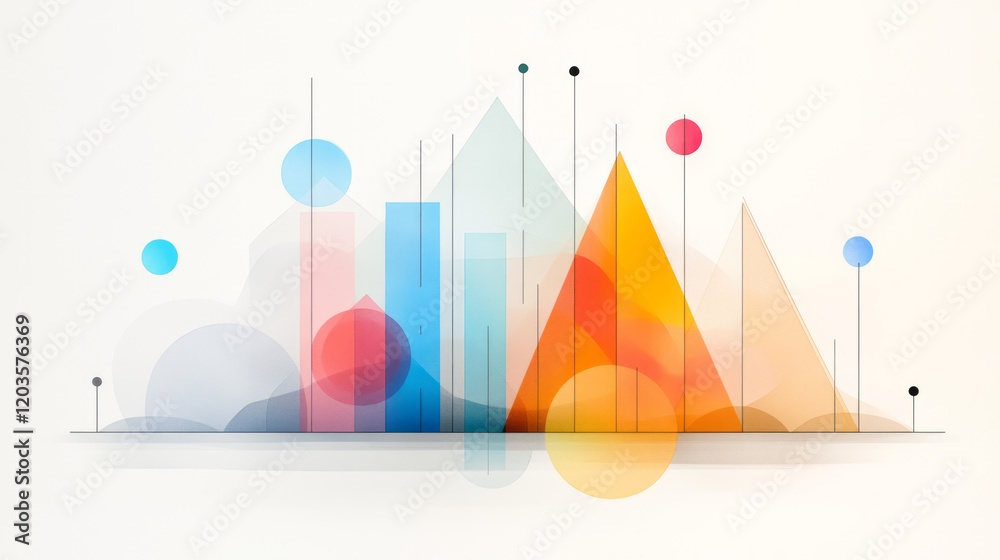 Poster an abstract depiction of statistical data visualization, using colorful bar graphs, pie charts, and 