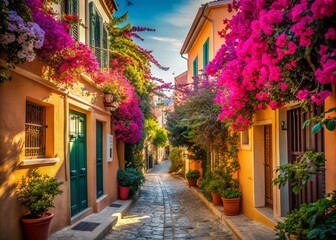 Obraz premium Charming Plaka Streets: Athens, Greece - Colorful Houses & Bougainvillea Blooms