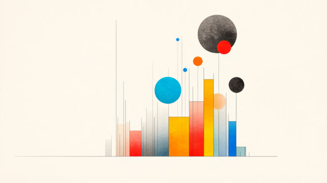 An abstract depiction of statistical data visualization, using colorful bar graphs, pie charts, and scatter plots in an artistic composition,