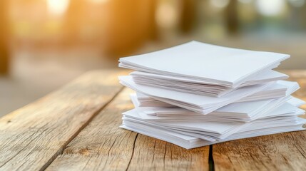 A neat stack of papers sits on a wooden table, the pages slightly overlapping and perfectly aligned, creating a sense of order and tidiness