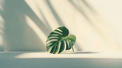 Single Monstera Leaf Shadowed Against a Pale Wall