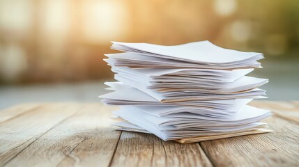 A neat stack of papers sits on a wooden table, the pages slightly overlapping and perfectly aligned, creating a sense of order and tidiness