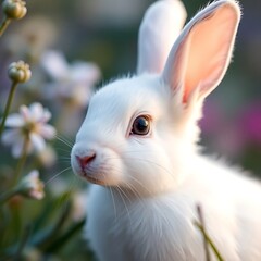 Obraz premium Adorable white bunny rabbit in flowers.