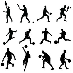Figures of a person playing football, tennis, basketball, logo of a person playing sports, icon on a transparent background 