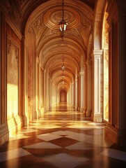 Obraz premium Golden sunlight streams through arched hallway creating warm elegant ambiance. AI Generated