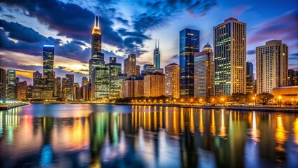 Obraz premium Chicago Downtown Skyline Night Photography - Vibrant Cityscape at Dusk
