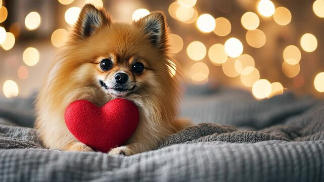 Cute Pomeranian dog holding a red heart on a bed with blurred lights and a bokeh background, a concept of love for animal lovers' Valentine's Day celebration.