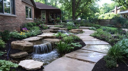 Serpentine stone path, backyard water feature, lush garden, residential home