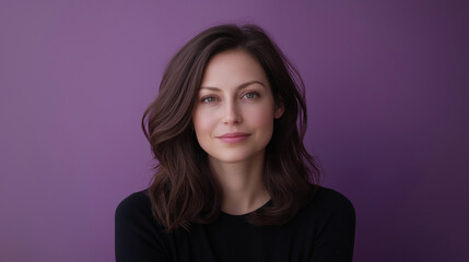 Fototapeta premium Portrait of Stylish Professional Woman Presenting News on Violet Background