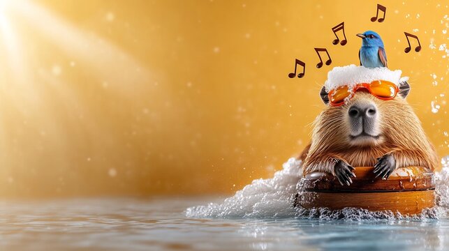 Happy Capybara floats serenely warm sunlight bathing joyful scene. AI Generated