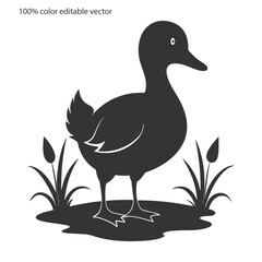 Duck silhouette vector.cute cartoon duck floating on water icon silhouette black page for kids. Swan Vector illustration of duck floating on water icon silhouette black page isolated on white.