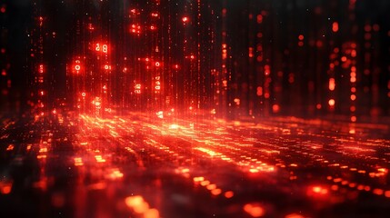 Binary code background, black and red color matrix, with lines creating a technological atmosphere