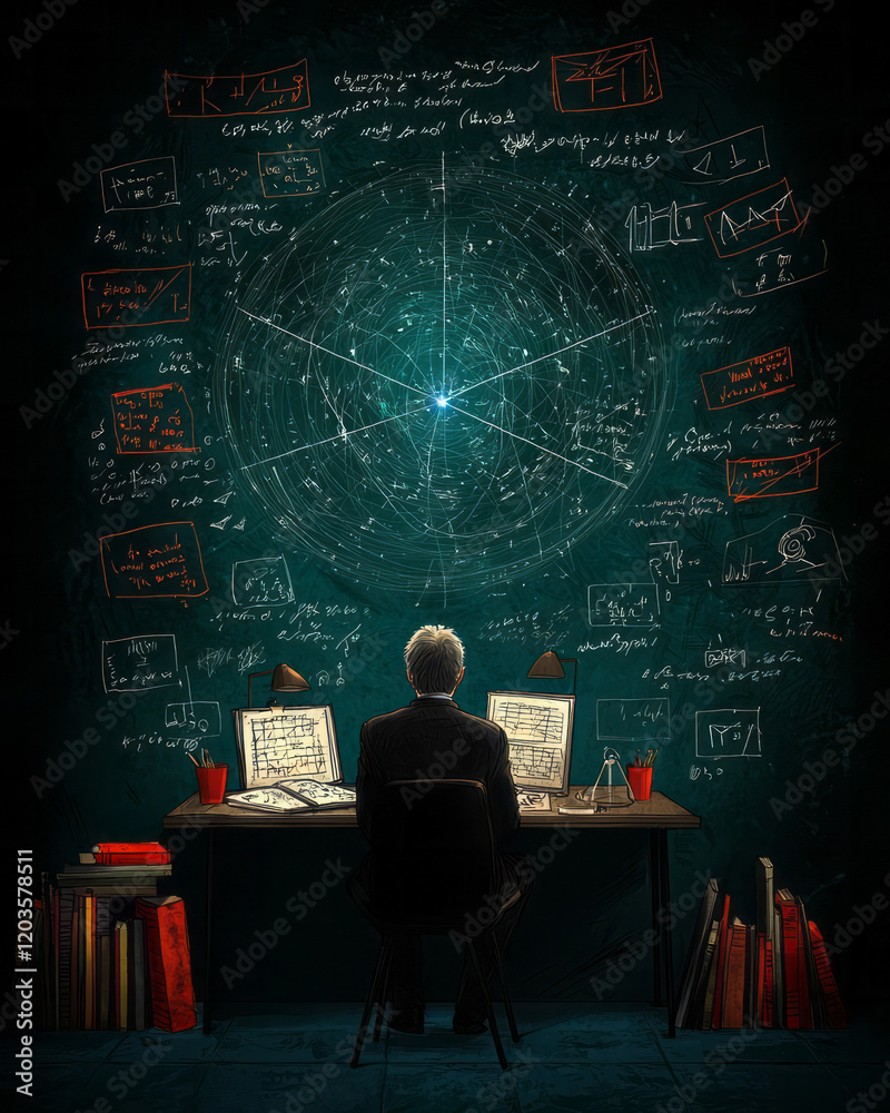 Poster a peaceful scene of a physicist contemplating the theory of relativity in a minimalist study, surrou