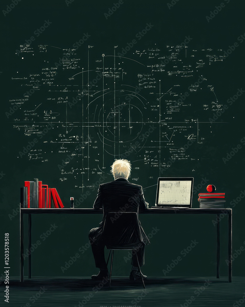 Poster A peaceful scene of a physicist contemplating the theory of relativity in a minimalist study, surrounded by books and mathematical equations on the walls,