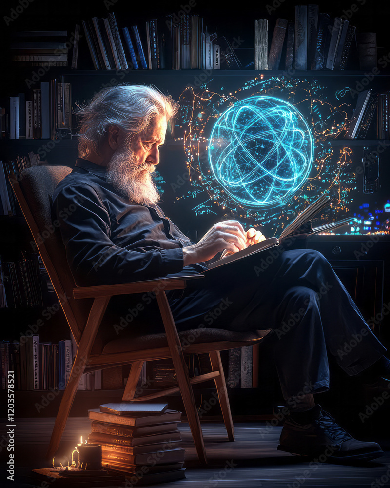 Poster a peaceful scene of a physicist contemplating the theory of relativity in a minimalist study, surrou