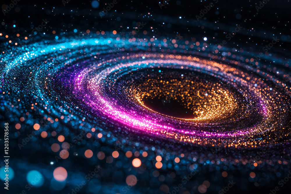 Fototapete An abstract visualization of the Higgs boson field, using glowing particles and intricate patterns to represent mass generation in the universe,