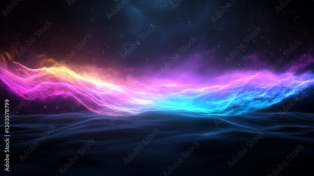 Fototapete An elegant representation of the wave-particle duality, showing light behaving both as waves and particles in a harmonious blend of forms,