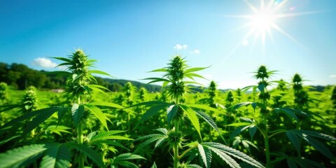 Naklejka premium Vibrant Green Cannabis Plants Flourishing Under a Summer Sun in a Lush Field