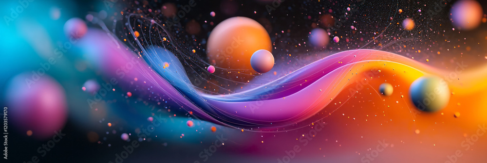 Fototapete A creative visualization of string theory, showing interwoven strings vibrating in multiple dimensions with a colorful, cosmic backdrop,
