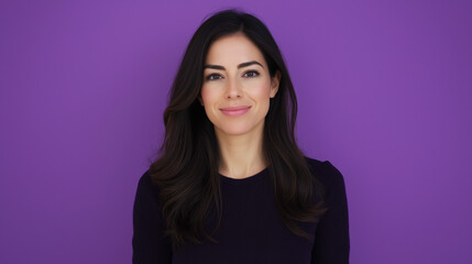 Fototapeta premium Portrait of Stylish Professional Woman Presenting News on Violet Background
