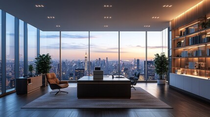 Plakat Sophisticated office interior with panoramic city view at sunset showcasing luxury and success with modern design