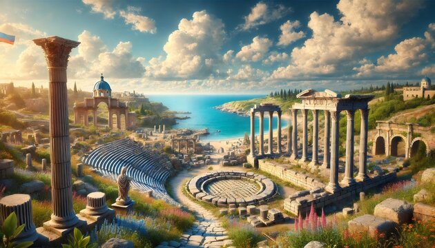 Ancient greek city ruins overlooking picturesque turquoise bay at sunset
