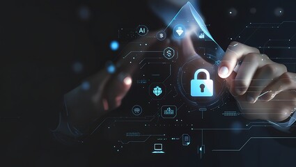 Fototapeta premium Internet Security and Data Protection – Blockchain and Cybersecurity with Digital Padlock. security copy space background, digital padlock, blockchain security, IT security, cyber threats