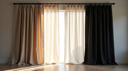 Sunlight Illuminates Varied Textured Drapes Hanging Gracefully from a Simple Rod in a Room with Light Walls and Wood Flooring