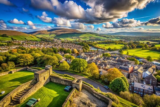 Clitheroe Castle Panorama: Pendle Hills View - Lancashire, England