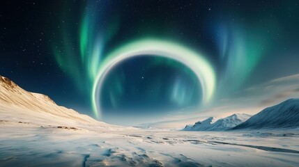 A beautifully rare phenomenon where a moonbow arcs gracefully across the night sky, illuminated by the ethereal glow of the northern lights dancing in hues of greens, blues, and purples