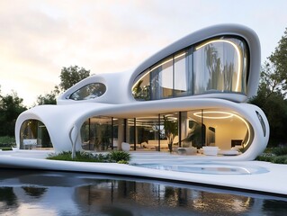 Obraz premium Futuristic White House Reflecting Soft Evening Light. AI Generated