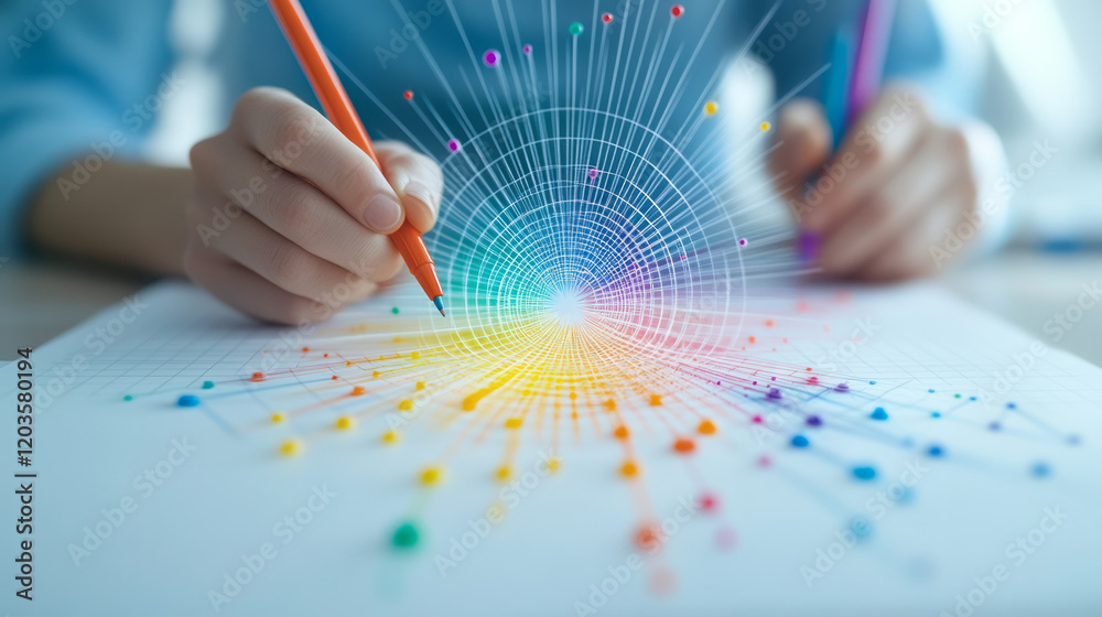 Poster a detailed close-up of a mathematician's hands sketching intricate fractal patterns on graph paper w