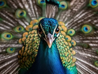Obraz premium full body of a majestic Peacock standing, white background, featuring vibrant yellow eyes, fine detail feather, sharp focus, photo studio high resolution