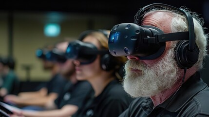 Seniors using VR headsets in a training session