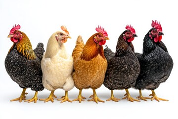 Fototapeta premium Five hens in a row, showcasing their diverse plumage.