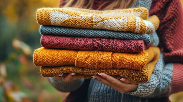 Woman holding a stack of knitted woolen sweaters in an autumn garden, close-up. Space for text, stock photo contest winner, professional photography.
