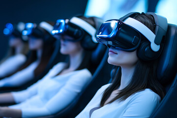 Team of professionals using virtual reality headsets during a cutting-edge corporate training session, innovative atmosphere.