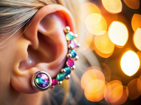 Close-up Helix Piercing: Sparkling Jewelry on Ear with High Depth of Field