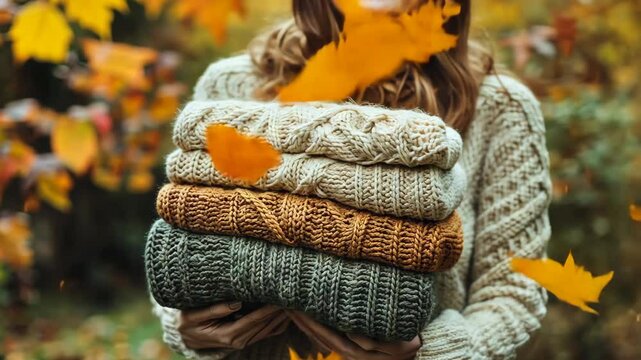 Woman holding a stack of knitted woolen sweaters in an autumn garden, close-up. Space for text, stock photo contest winner, professional photography.