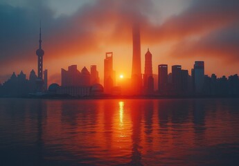 Obraz premium Majestic Sunset Over Shanghai Skyline with Iconic Buildings Silhouetted Against a Dramatic Sky and Reflections on Water