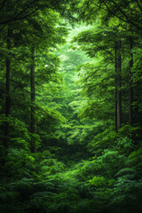 Fototapeta premium A dense forest with towering trees and diverse wildlife, representing the significance of forest preservation for ecological balance,